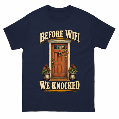 Navy vintage t-shirt with Before Wife We Knocked printed front design