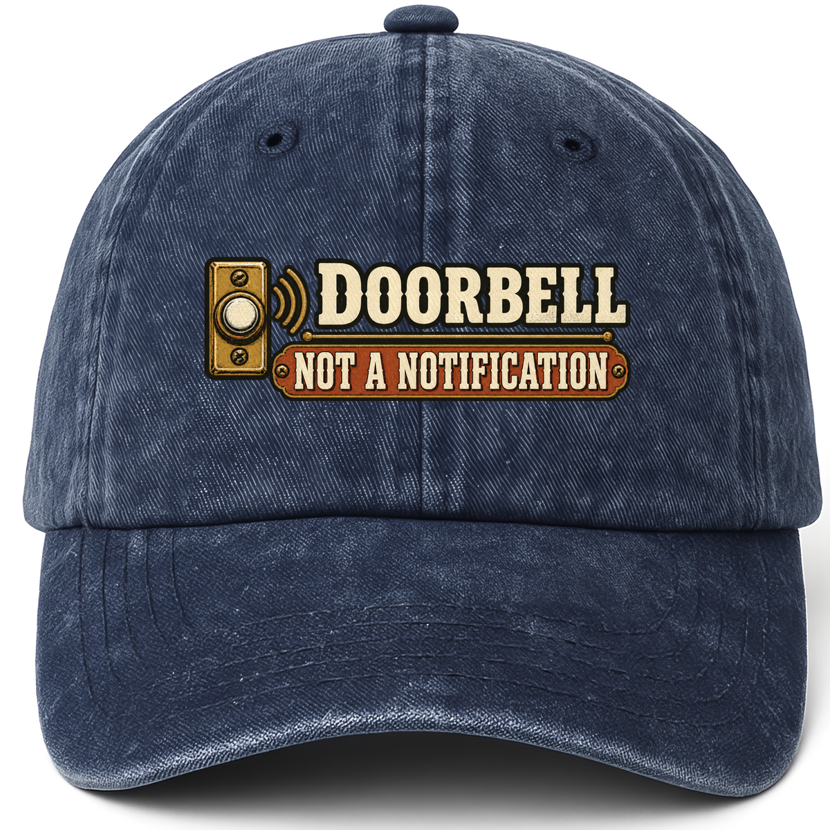 Navy vintage washed cap with Doorbell. Not A Notification printed front design
