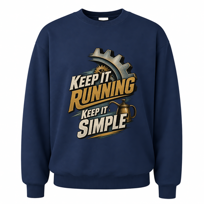 Navy vintage sweatshirt with Keep It Running. Keep It Simple printed front design