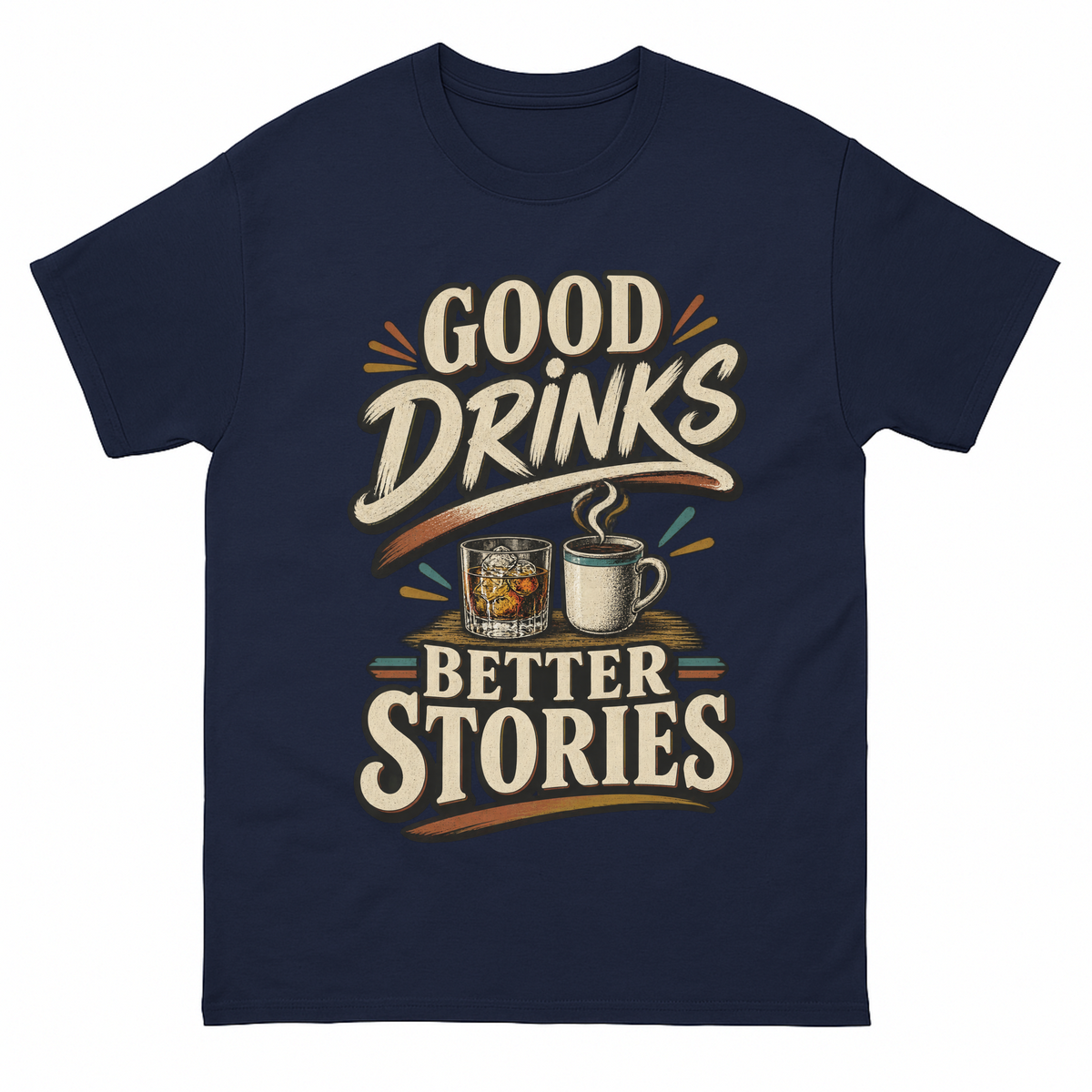 Navy vintage t-shirt with Good Drinks. Better Stories printed front design