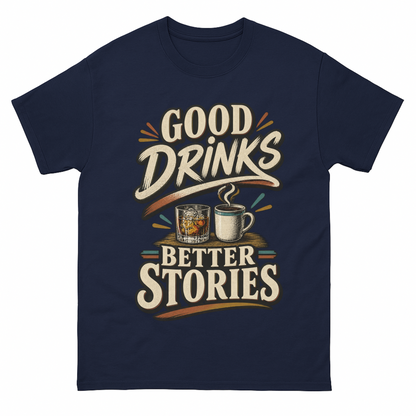 Navy vintage t-shirt with Good Drinks. Better Stories printed front design