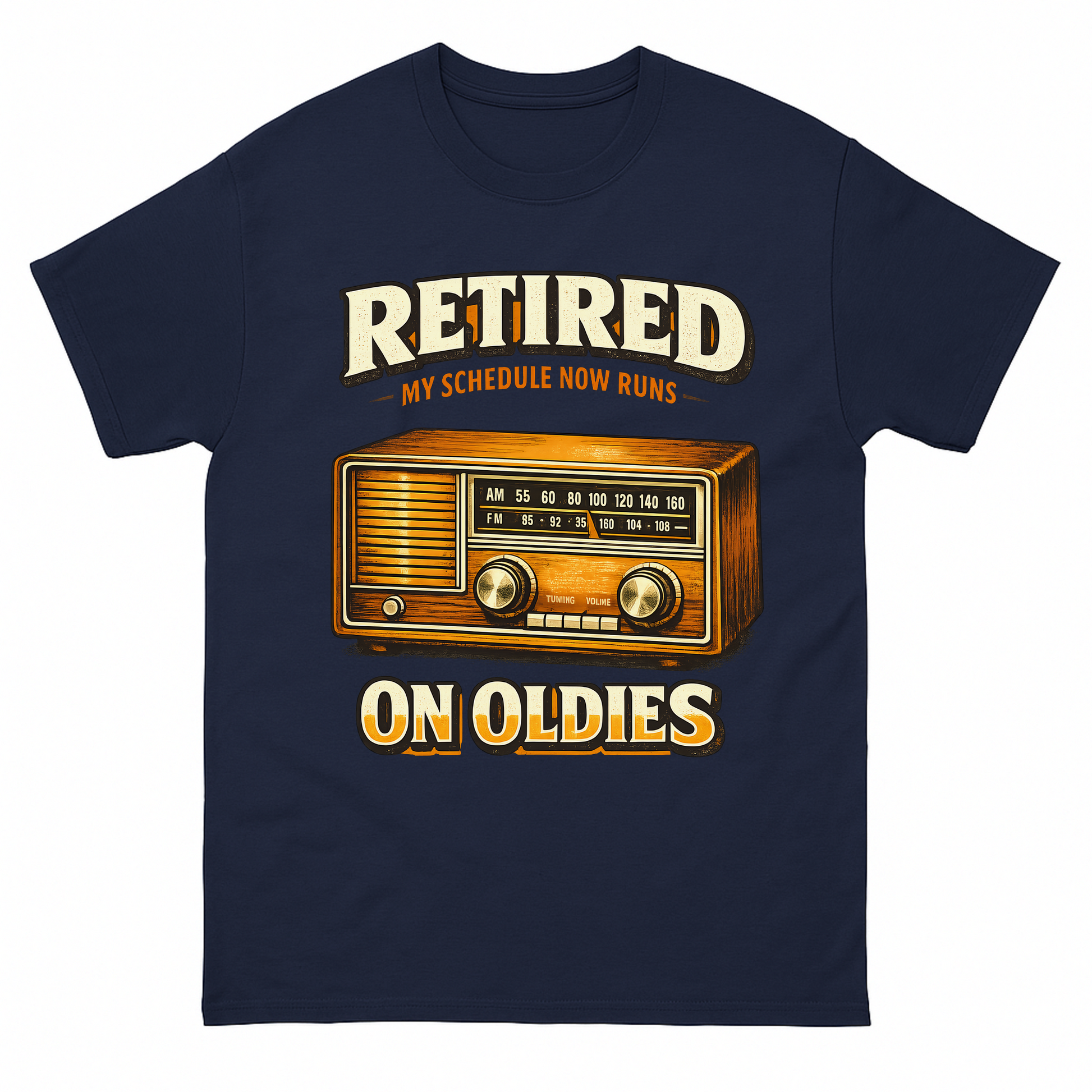 Navy vintage t-shirt with 39 schedule runs on oldies ideogram 4x printed front design