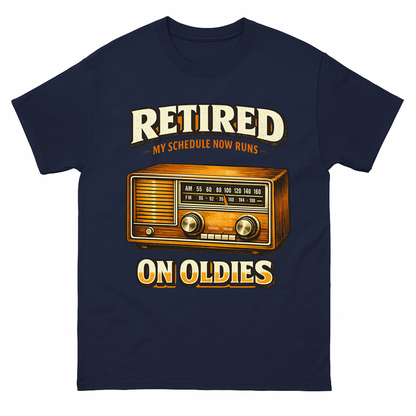 Navy vintage t-shirt with 39 schedule runs on oldies ideogram 4x printed front design