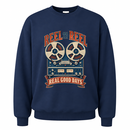 Navy vintage sweatshirt with Reel To Reel Real Good Days printed front design