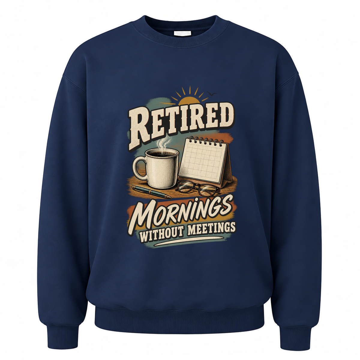 Navy vintage sweatshirt with Mornings Without Meetings printed front design