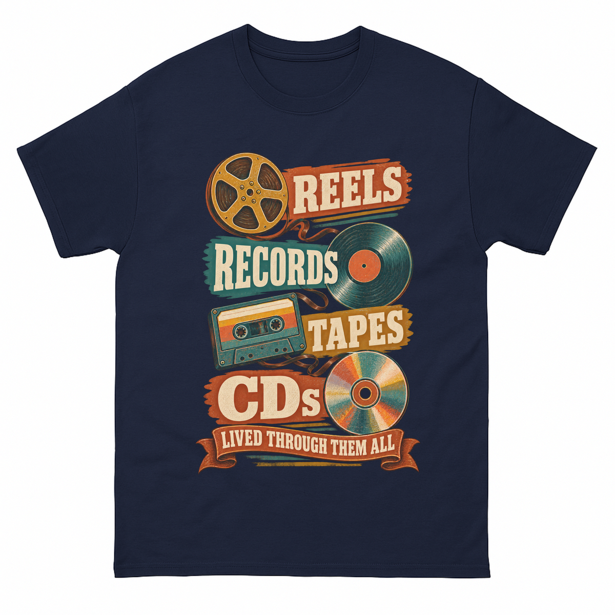 Navy vintage t-shirt with Reels Records Tapes Cds Lived Through Them All printed front design