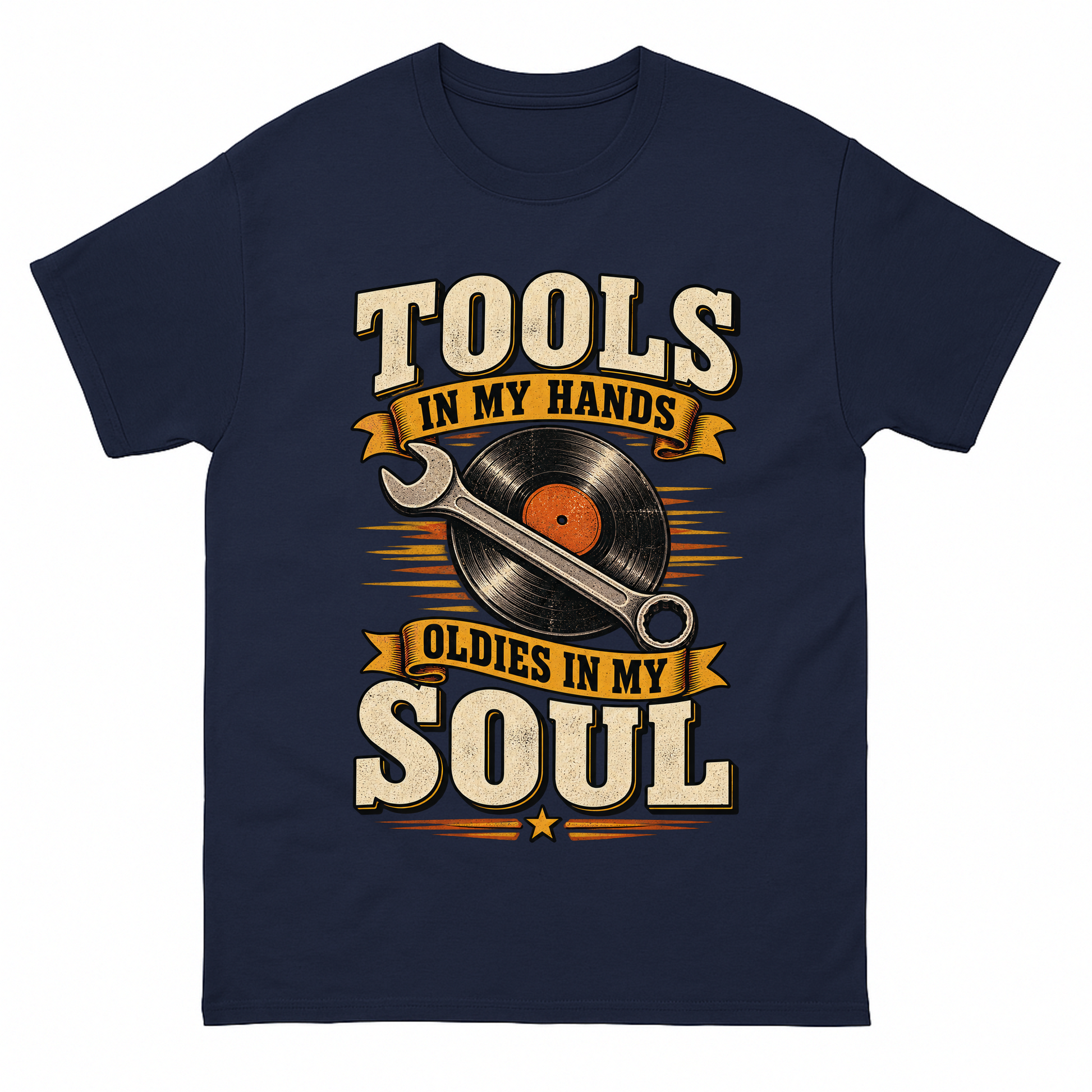 Navy vintage t-shirt with 34 tools in my hands oldies in my soul ideogram 4x printed front design