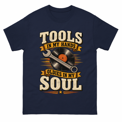 Navy vintage t-shirt with 34 tools in my hands oldies in my soul ideogram 4x printed front design