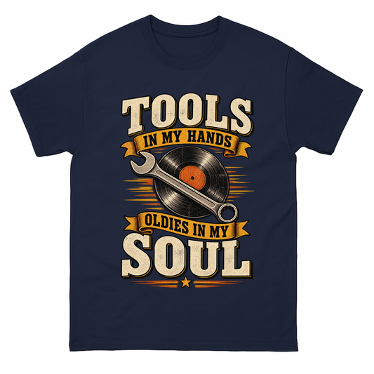 Navy vintage t-shirt with 34 tools in my hands oldies in my soul ideogram 4x printed front design