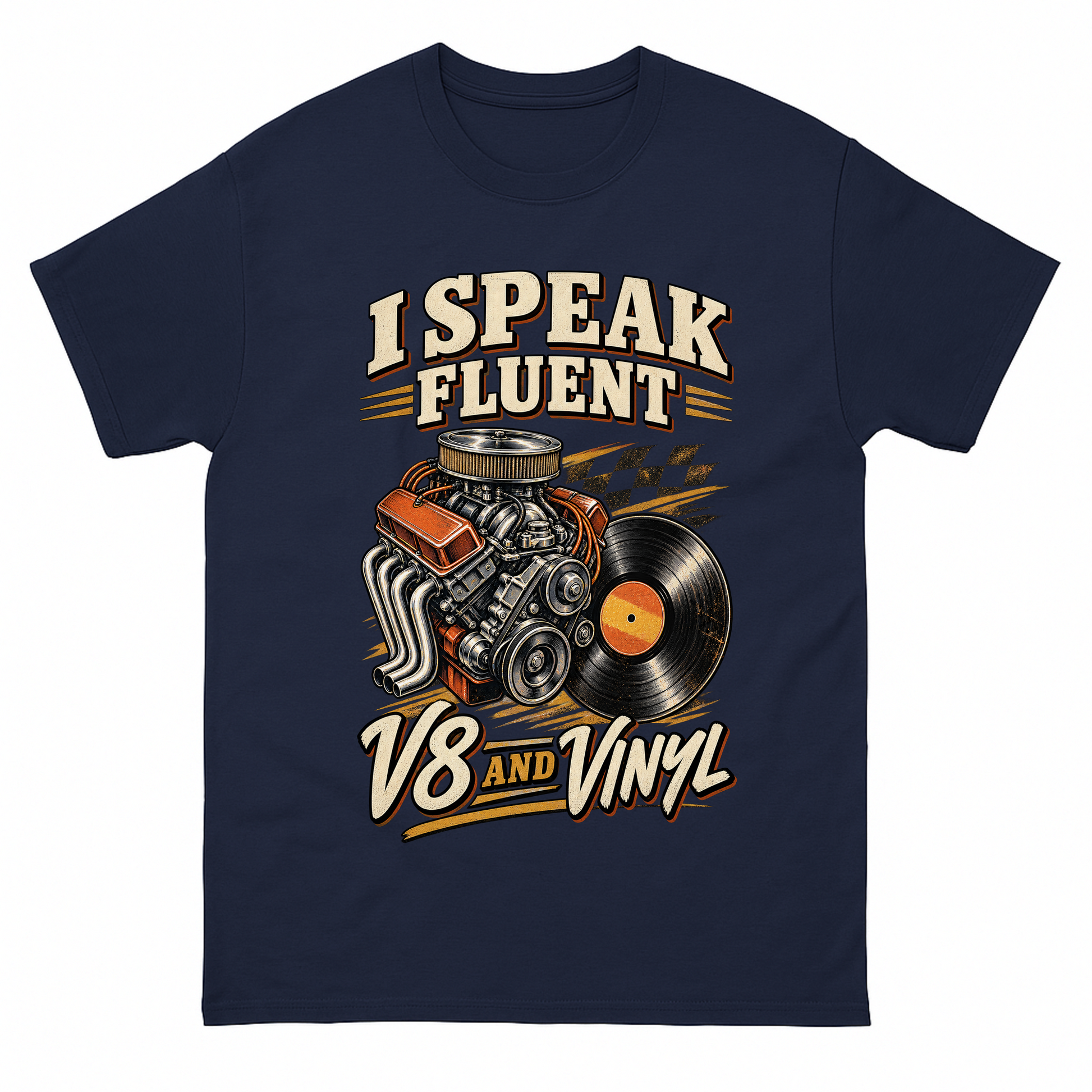 Navy vintage t-shirt with 32 v8 and vinyl ideogram 4x printed front design