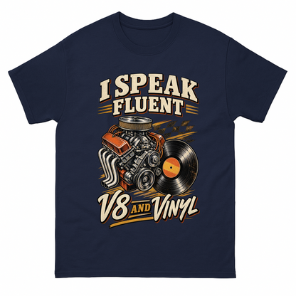 Navy vintage t-shirt with 32 v8 and vinyl ideogram 4x printed front design