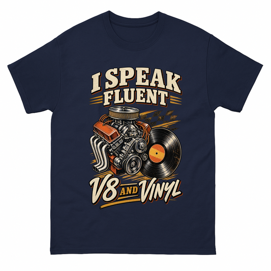 Navy vintage t-shirt with 32 v8 and vinyl ideogram 4x printed front design