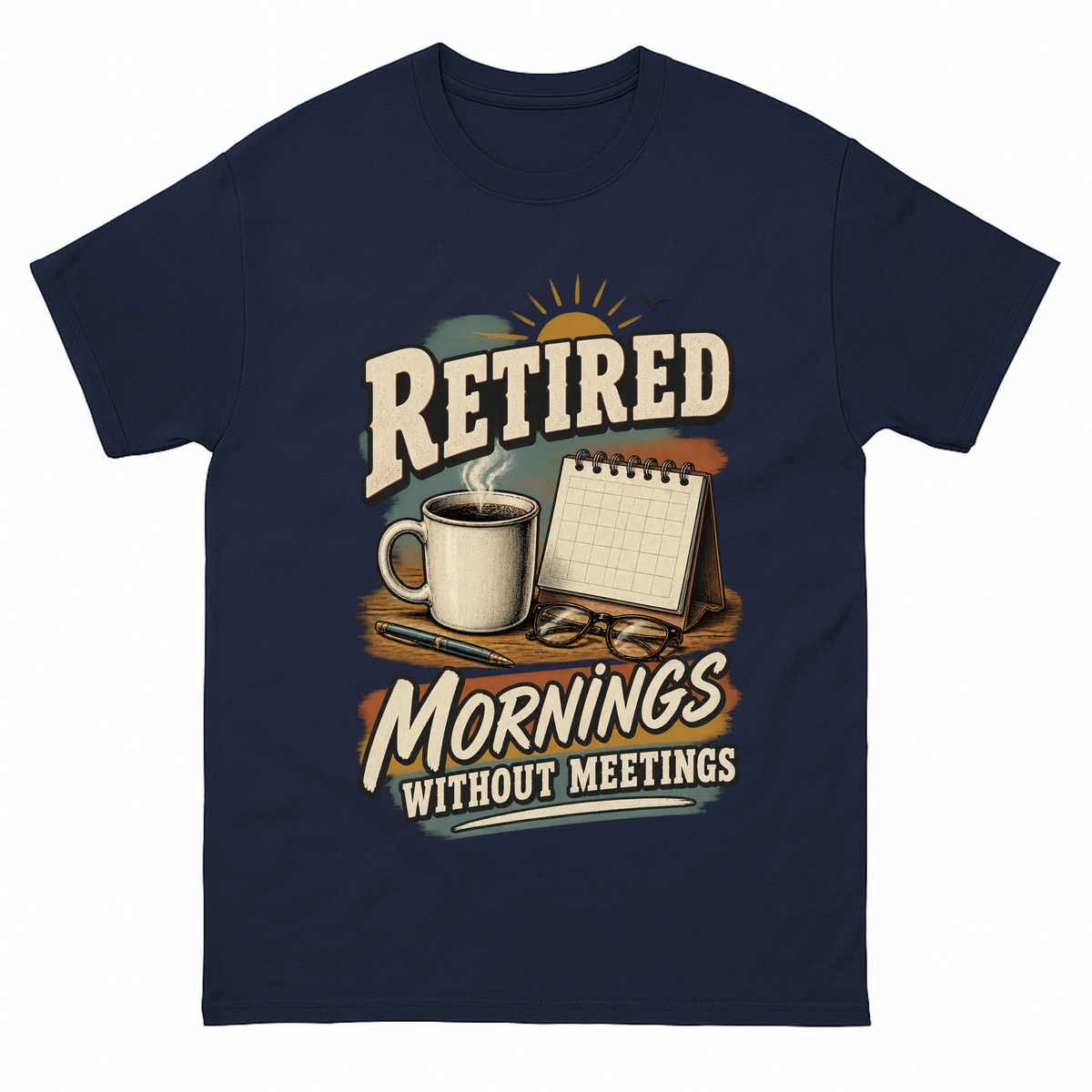 Navy vintage t-shirt with Mornings Without Meetings printed front design