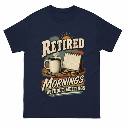 Navy vintage t-shirt with Mornings Without Meetings printed front design