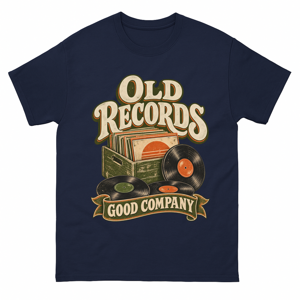 Navy vintage t-shirt with Old Records Good Company printed front design