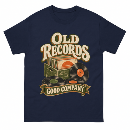 Navy vintage t-shirt with Old Records Good Company printed front design
