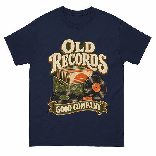 Navy vintage t-shirt with Old Records Good Company printed front design