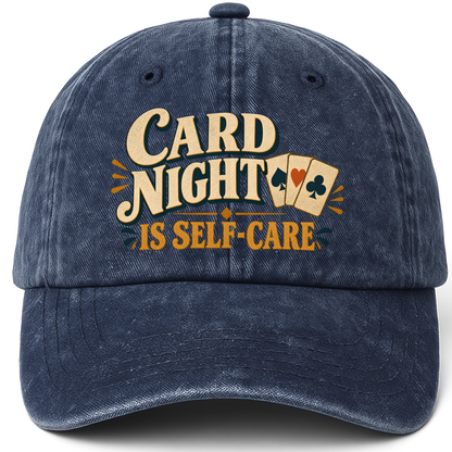Navy vintage washed cap with Card Night Is Self-Care printed front design