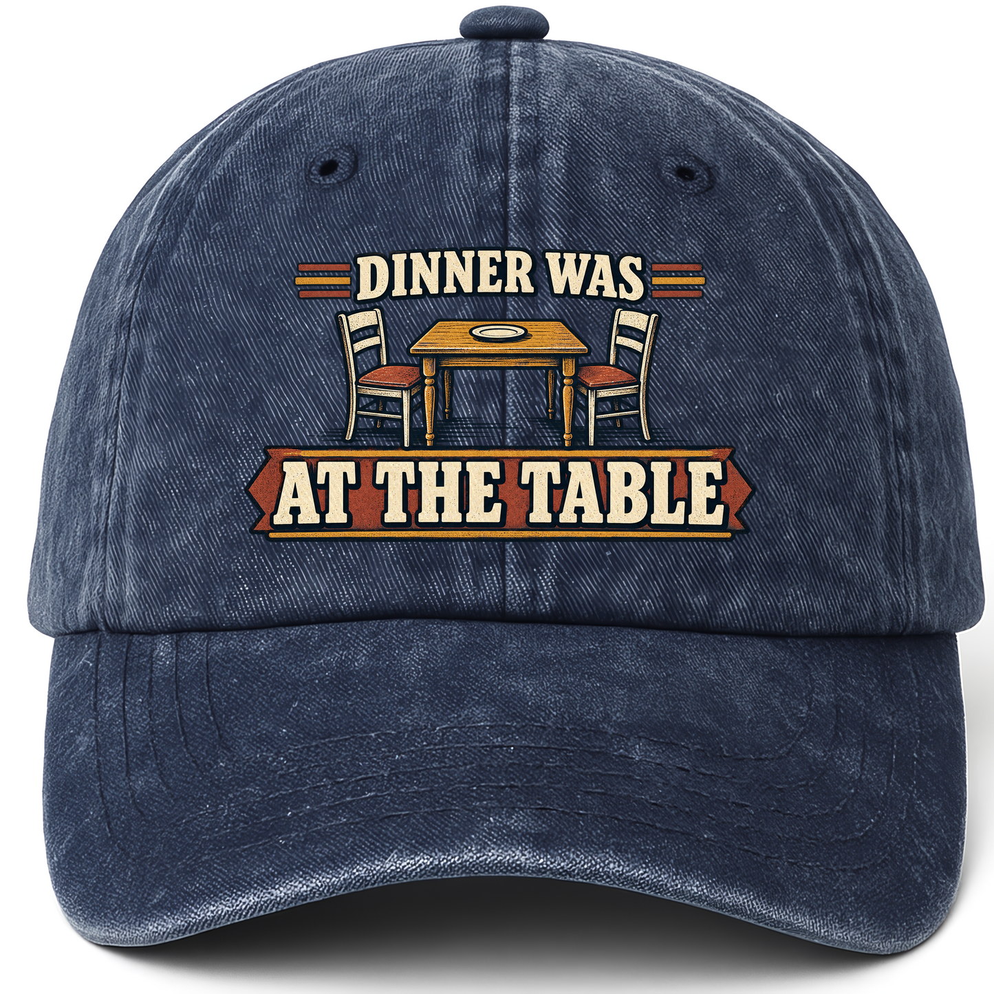 Navy vintage washed cap with Dinner Was At The Table printed front design