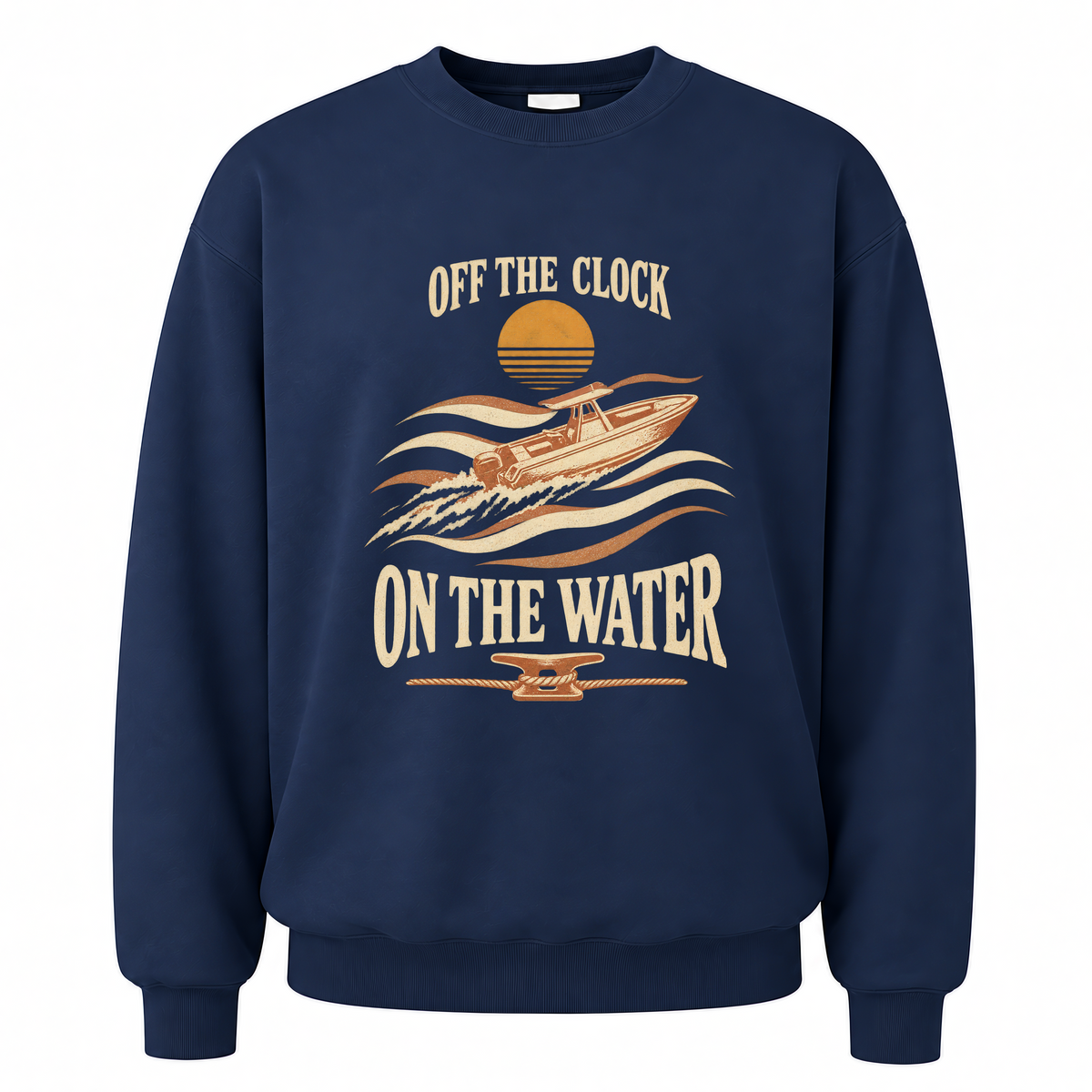 Navy vintage sweatshirt with Off The Clock On The Water printed front design
