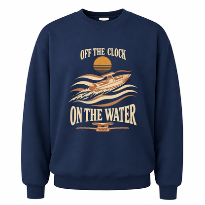 Navy vintage sweatshirt with Off The Clock On The Water printed front design