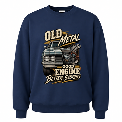 Navy vintage sweatshirt with Old Metal Good Engine Better Stories printed front design