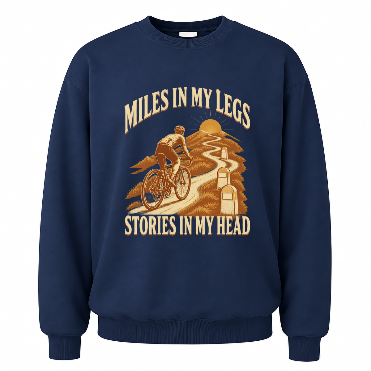 Navy vintage sweatshirt with Miles In My Legs. Stories In My Head printed front design