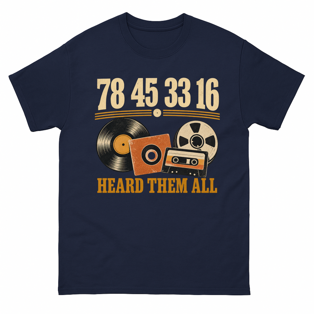 Navy vintage t-shirt with 78 45 3316 Hard Them All printed front design