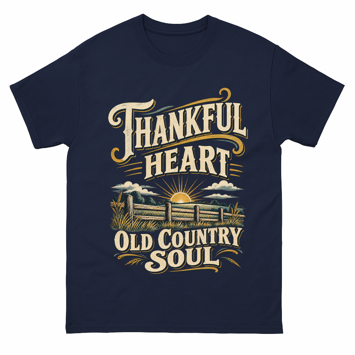 Navy vintage t-shirt with Thankful Heart Old Country Soul printed front design