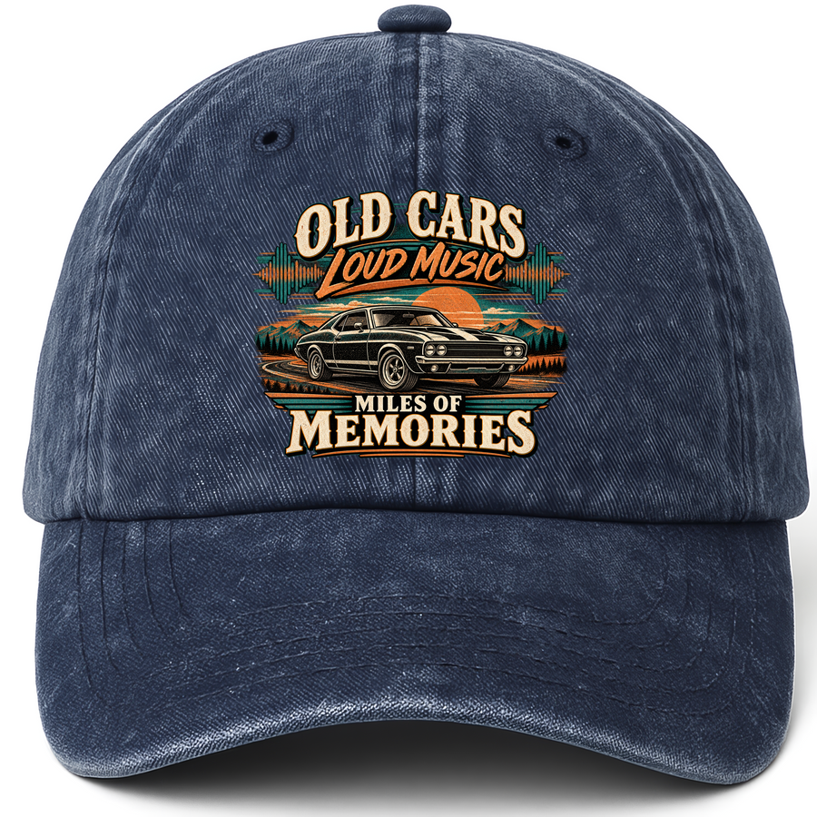 Navy vintage washed cap with Old Cars. Loud Music. Miles Of Memories printed front design