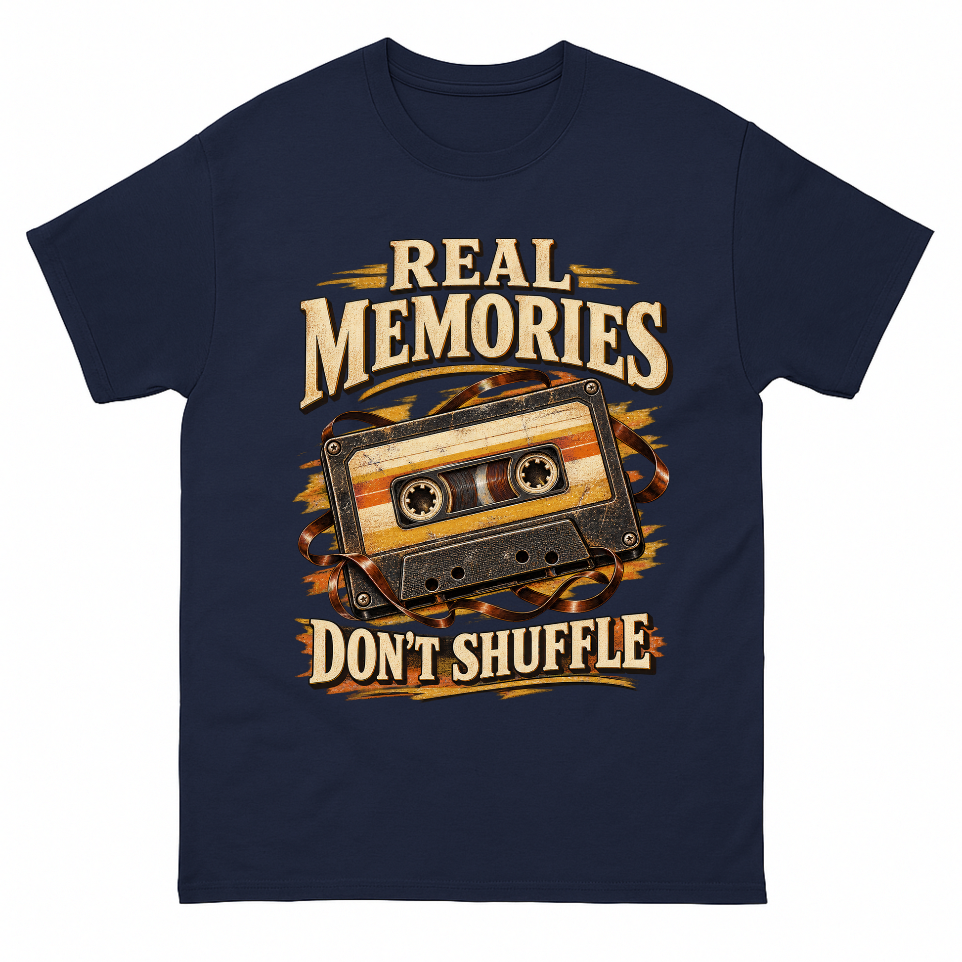 Navy vintage t-shirt with Real Memories Don’t Shuffle printed front design