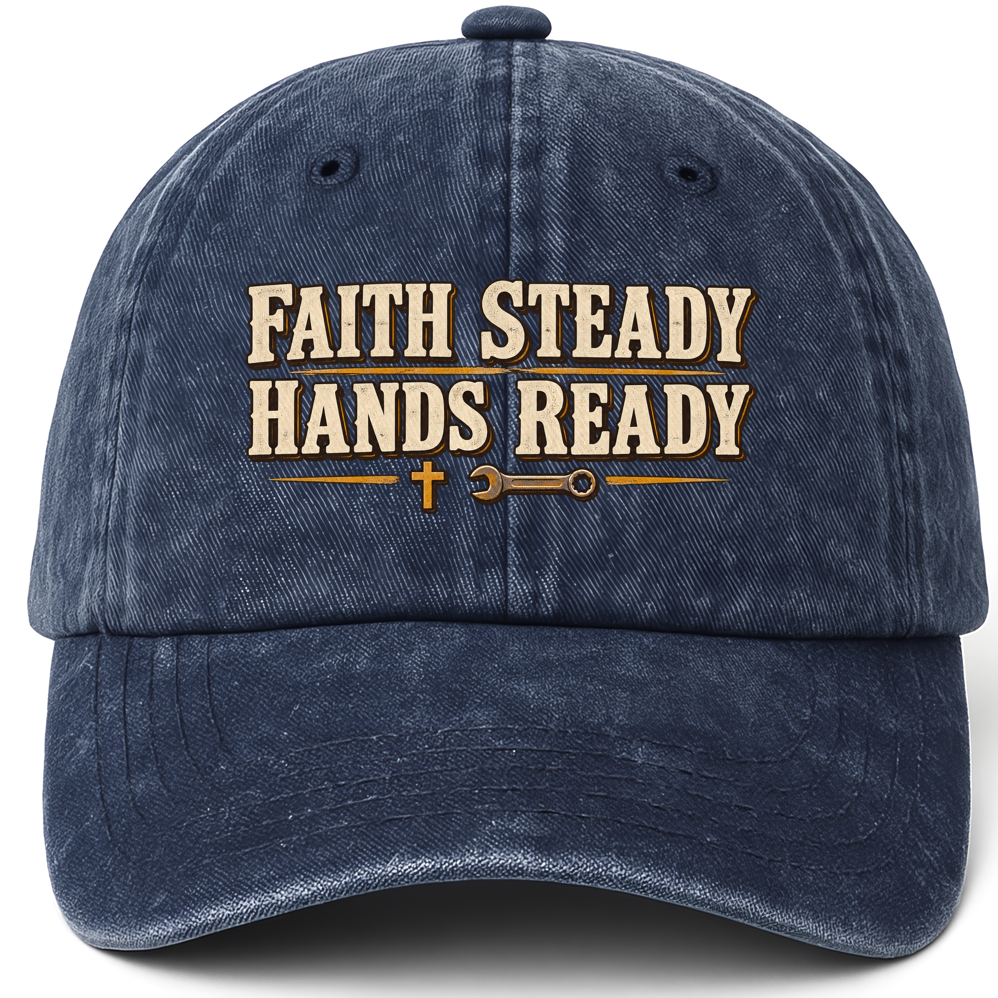 Navy vintage washed cap with Faith Steady Hands Ready printed front design
