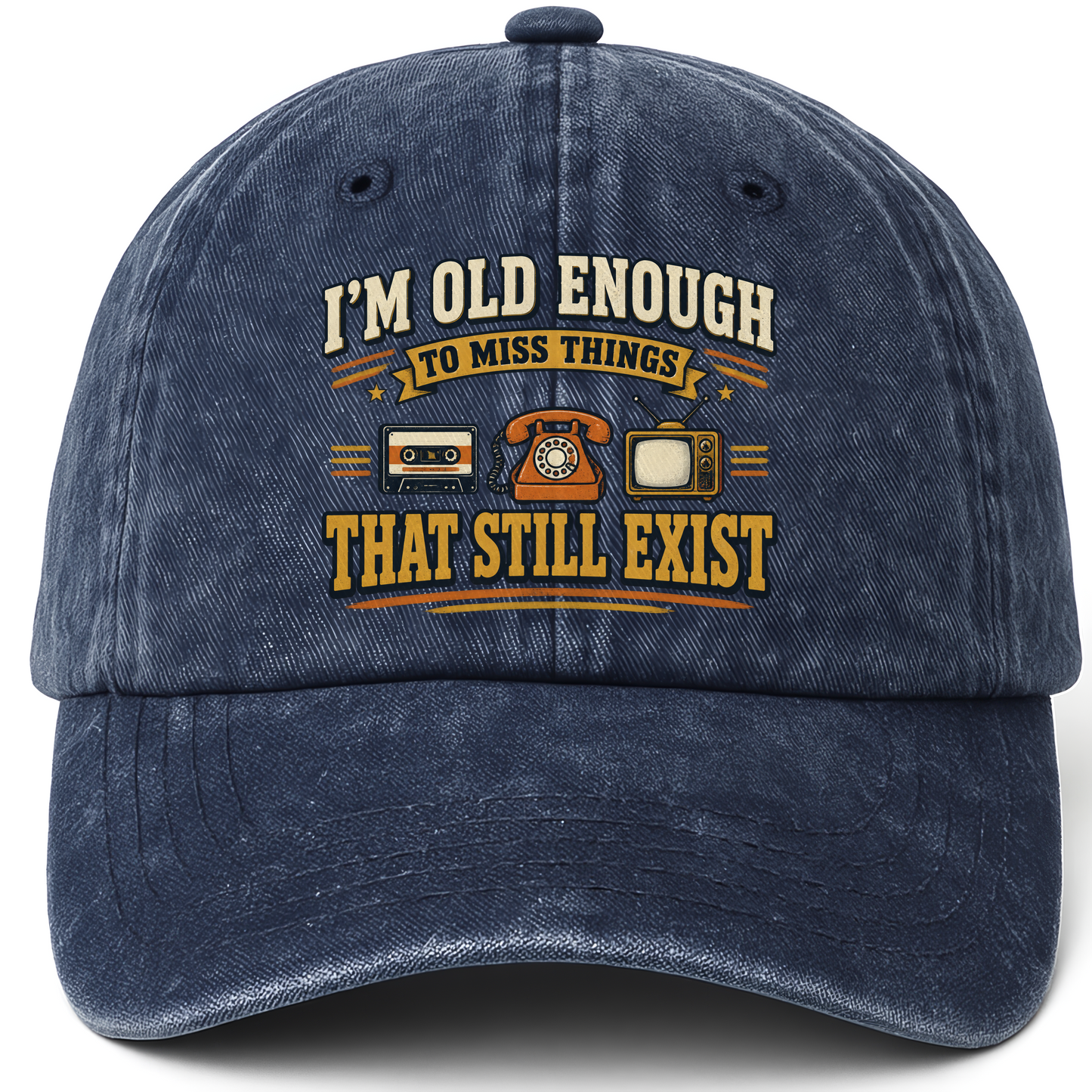Navy vintage washed cap with 42 miss things that still exist ideogram 4x TRIM pad80 printed front design