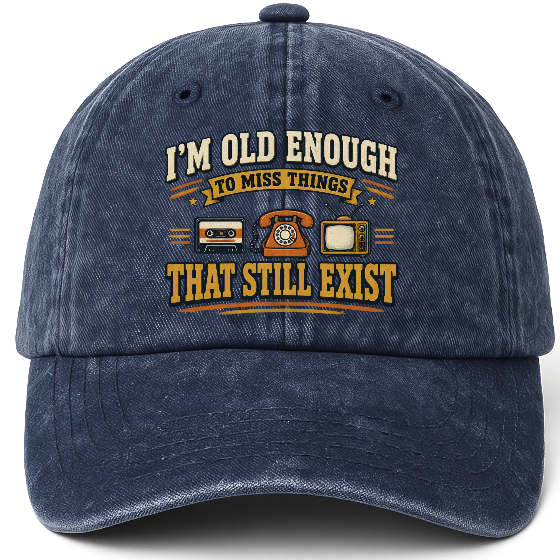 Navy vintage washed cap with 42 miss things that still exist ideogram 4x TRIM pad80 printed front design