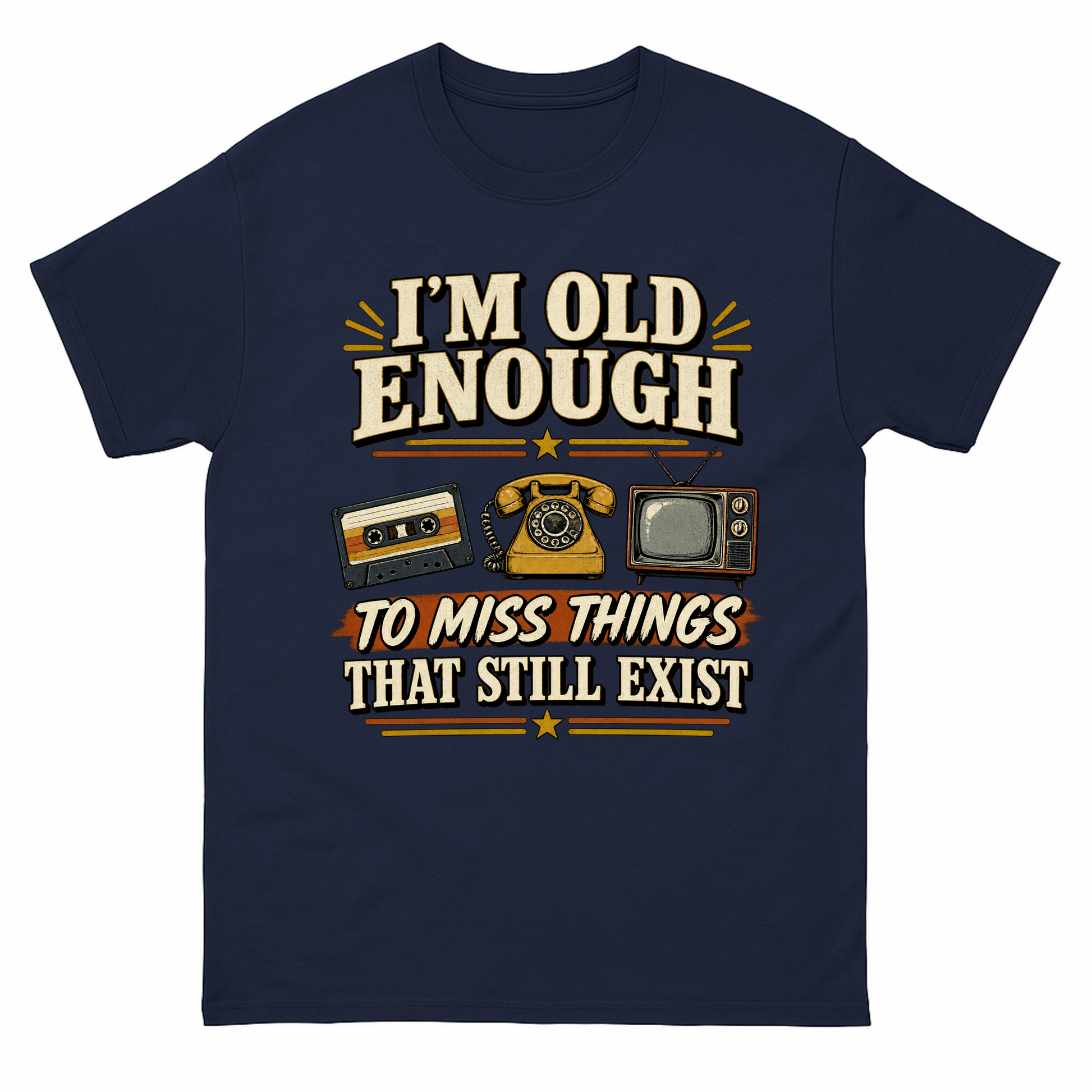 Navy vintage t-shirt with 42 miss things that still exist ideogram 4x printed front design