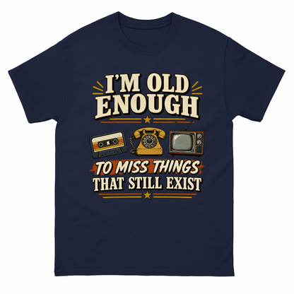Navy vintage t-shirt with 42 miss things that still exist ideogram 4x printed front design