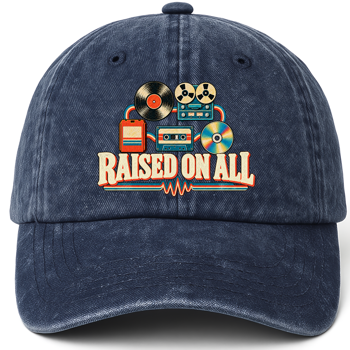 Navy vintage washed cap with Raised On All printed front design