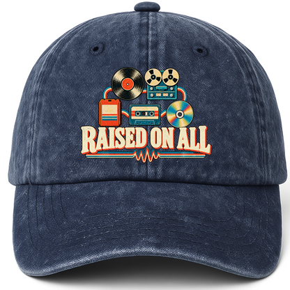 Navy vintage washed cap with Raised On All printed front design
