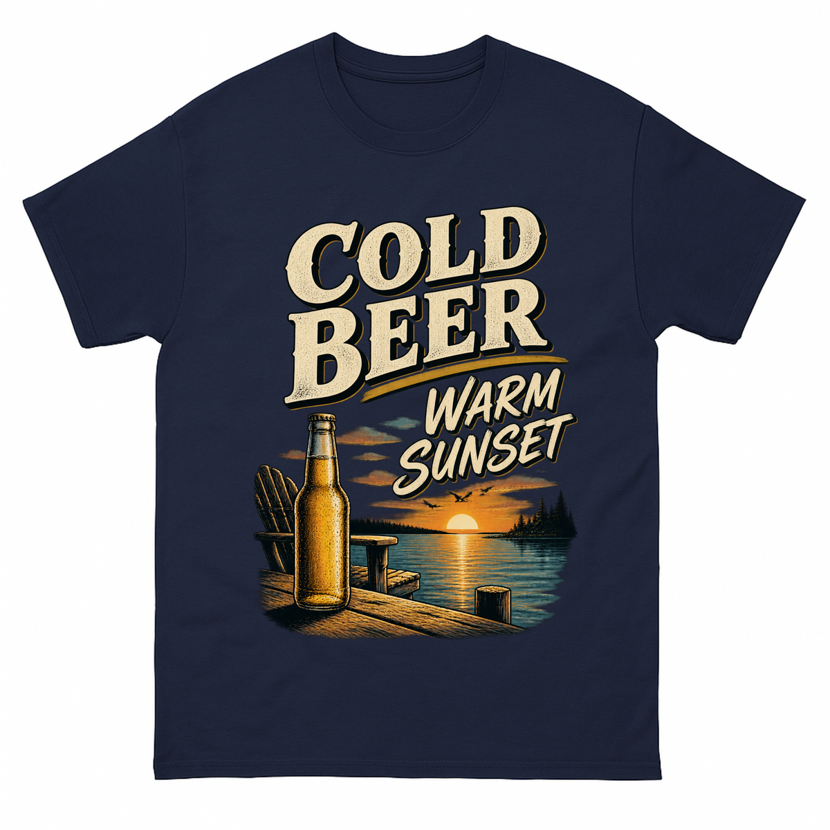 Navy vintage t-shirt with Cold Beer. Warm Sunset printed front design