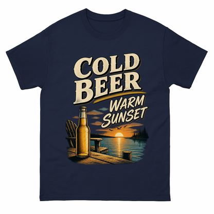 Navy vintage t-shirt with Cold Beer. Warm Sunset printed front design