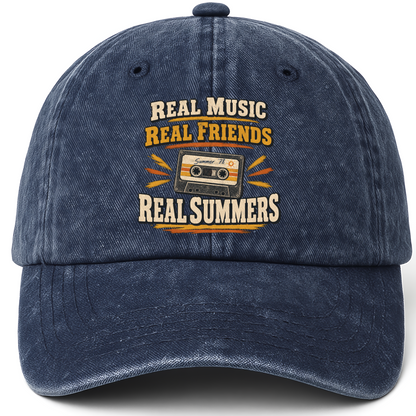 Navy vintage washed cap with Real Music Real Friends Real Summers printed front design