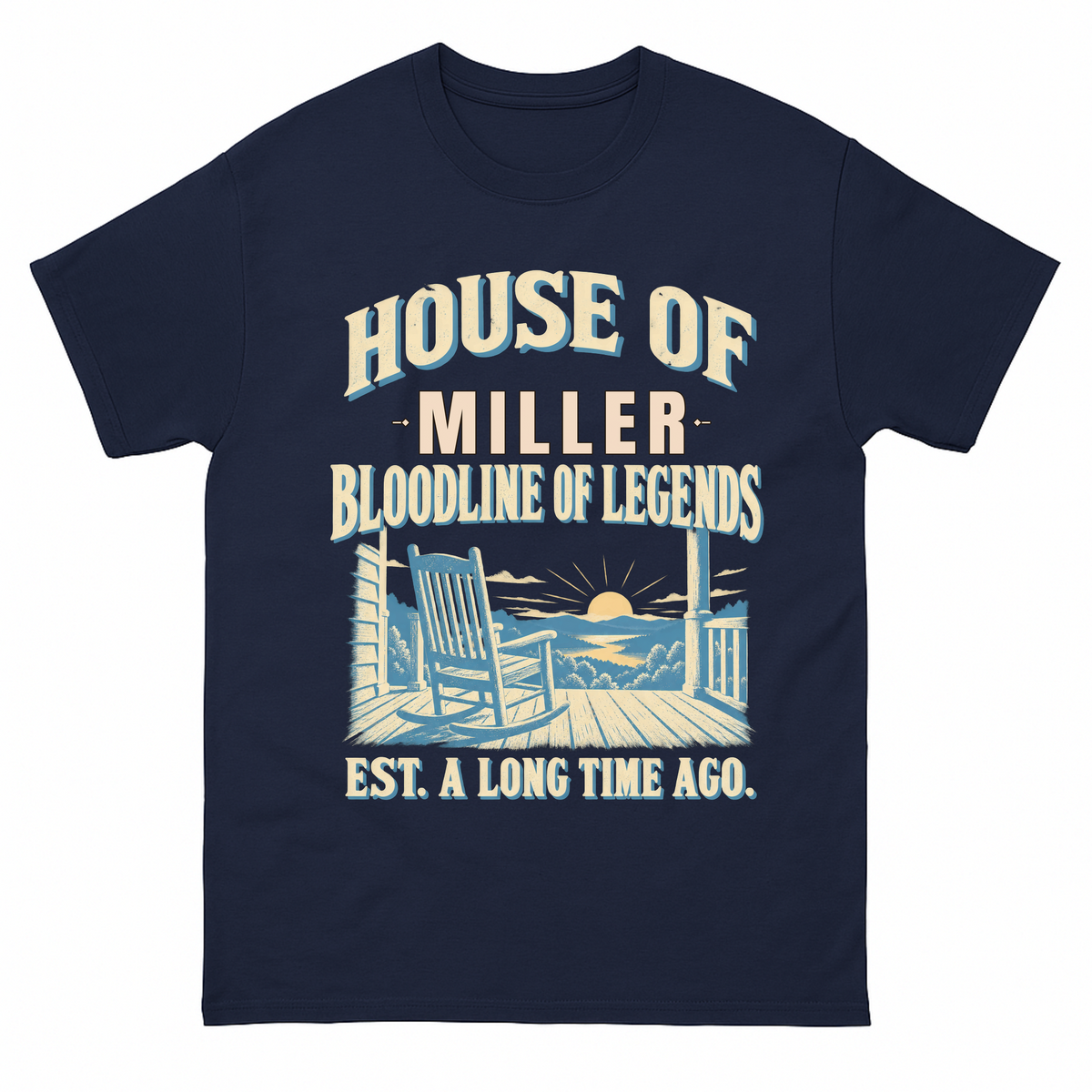 Navy vintage t-shirt with House Of Your Family Name Bloodline Of Legends Front Porch printed front design