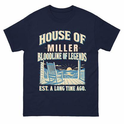 Navy vintage t-shirt with House Of Your Family Name Bloodline Of Legends Front Porch printed front design