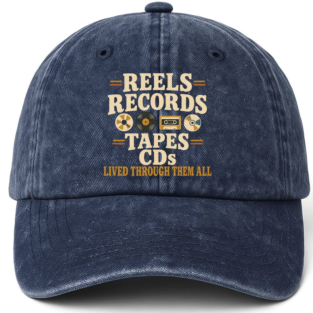 Navy vintage washed cap with Reels Records Tapes CDs Lived Through Them All printed front design