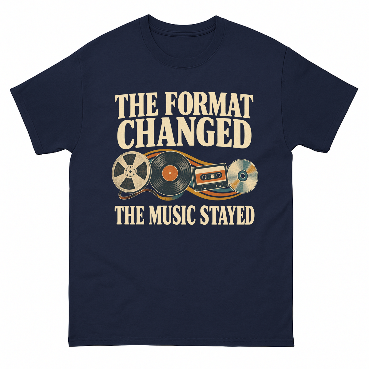 Navy vintage t-shirt with The Format Changed The Music Stayed printed front design