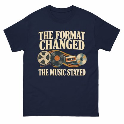 Navy vintage t-shirt with The Format Changed The Music Stayed printed front design