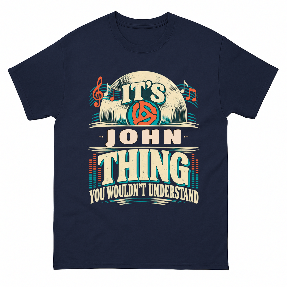 Navy vintage t-shirt with It's Your Name Thing printed front design
