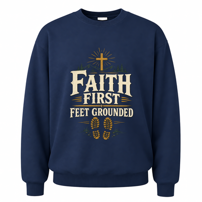 Navy vintage sweatshirt with Faith First Feet Grounded printed front design