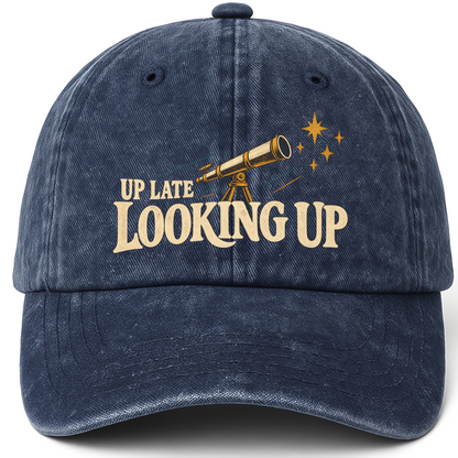 Navy vintage washed cap with Up Late Looking Up printed front design