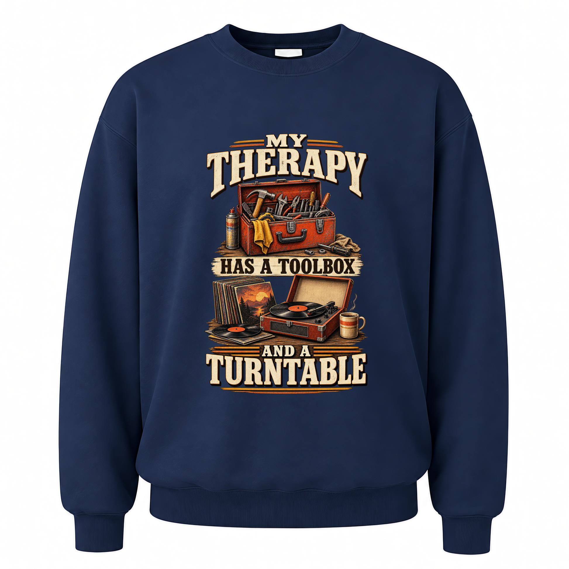 Navy vintage sweatshirt with 33 toolbox and turntable ideogram 4x printed front design